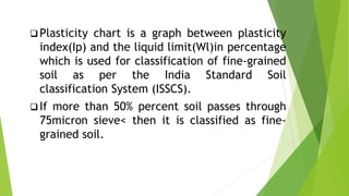  Plasticity chart is a graph between plasticity
index(Ip) and the liquid limit(Wl)in percentage
which is used for classification of fine-grained
soil as per the India Standard Soil
classification System (ISSCS).
 If more than 50% percent soil passes through
75micron sieve< then it is classified as fine-
grained soil.
 