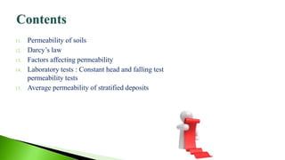 11. Permeability of soils
12. Darcy’s law
13. Factors affecting permeability
14. Laboratory tests : Constant head and falling test
permeability tests
15. Average permeability of stratified deposits
 