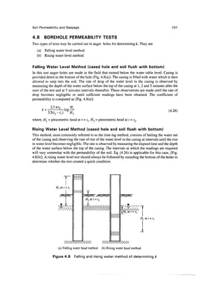 Soil Permeability and Seepage                                                                       101


4.8     BOREHOLE PERMEABILITY TESTS
Two types of tests may be carried out in auger holes for determining k. They are
   (a) Falling water level method
   (b) Rising water level method

Falling Water Level Method (cased hole and soil flush with bottom)
In this test auger holes are made in the field that extend below the water table level. Casing is
provided down to the bottom of the hole (Fig. 4.8(a)). The casing is filled with water which is then
allowed to seep into the soil. The rate of drop of the water level in the casing is observed by
measuring the depth of the water surface below the top of the casing at 1, 2 and 5 minutes after the
start of the test and at 5 minutes intervals thereafter. These observations are made until the rate of
drop becomes negligible or until sufficient readings have been obtained. The coefficient of
permeability is computed as [Fig. 4.8(a)]

             2-3 nrQ         H{
      k =           —log—-                                                                        (4.26)
                  -f,)  ff,

where, H{ = piezometric head ait = tl,H2 = piezometric head at t - t2-

Rising Water Level Method (cased hole and soil flush with bottom)
This method, most commonly referred to as the time-lag method, consists of bailing the water out
of the casing and observing the rate of rise of the water level in the casing at intervals until the rise
in water level becomes negligible. The rate is observed by measuring the elapsed time and the depth
of the water surface below the top of the casing. The intervals at which the readings are required
will vary somewhat with the permeability of the soil. Eq. (4.26) is applicable for this case, [Fig.
4.8(b)]. A rising water level test should always be followed by sounding the bottom of the holes to
determine whether the test created a quick condition.




                 HI at t =




                                                                              H at t = t




                  (a) Falling water head method   (b) Rising water head method

              Figure 4.8          Falling and rising water method of determining k
 