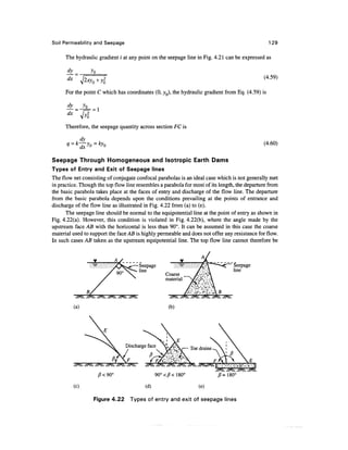 Soil Permeability and Seepage                                                                    1 29

      The hydraulic gradient i at any point on the seepage line in Fig. 4.21 can be expressed as

      dy              yo


      For the point C which has coordinates (0, yQ), the hydraulic gradient from Eq. (4.59) is




      Therefore, the seepage quantity across section FC is

                 dy
                                                                                              (4.60)

Seepage Through Homogeneous and Isotropic Earth Dams
Types of Entry and Exit of Seepage lines
The flow net consisting of conjugate confocal parabolas is an ideal case which is not generally met
in practice. Though the top flow line resembles a parabola for most of its length, the departure from
the basic parabola takes place at the faces of entry and discharge of the flow line. The departure
from the basic parabola depends upon the conditions prevailing at the points of entrance and
discharge of the flow line as illustrated in Fig. 4.22 from (a) to (e).
      The seepage line should be normal to the equipotential line at the point of entry as shown in
Fig. 4.22(a). However, this condition is violated in Fig. 4.22(b), where the angle made by the
upstream face AB with the horizontal is less than 90°. It can be assumed in this case the coarse
material used to support the face AB is highly permeable and does not offer any resistance for flow.
In such cases AB taken as the upstream equipotential line. The top flow line cannot therefore be



                                          Seepage                                 Seepage
                                          line                                    line
                                                       Coarse        /••'•''/*?
                                                       material   St.*'-^''.'-




           (a)                                             (b)




                                                     XN|
                                    Discharge face
                                               P


                           /3<90°

           (c)                               (d)                        (e)

                       Figure 4.22 Types of entry and exit of seepage lines
 