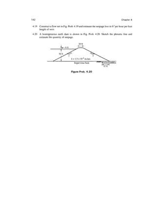 142                                                                                                Chapter 4

4.19 Construct a flow net in Fig. Prob. 4.19 and estimate the seepage loss in ft 3 per hour per foot
     length of weir.
4.20   A homogeneous earth dam is shown in Fig. Prob. 4.20. Sketch the phreatic line and
       estimate the quantity of seepage.

                                              20ft




                                         Impervious base             fc . t •/.•' [• ._-j X'N..

                                                                        32ft

                                      Figure Prob. 4.20
 