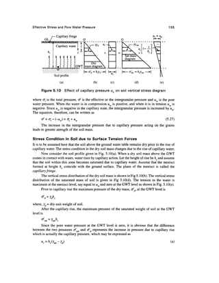 Effective Stress and Pore Water Pressure                                                              155

                    Capillary fringe




                                                (b)        (c)              (d)                (e)

      Figure 5.10              Effect of capillary pressure uc on soil vertical stress diagram

where ot is the total pressure, tf is the effective or the intergranular pressure and uw is the pore
water pressure. When the water is in compression uw is positive, and when it is in tension uw is
negative. Since uw is negative in the capillary zone, the intergranular pressure is increased by uw.
The equation, therefore, can be written as
      of = at-(-uw) = at + uw                                                                        (5.27)
      The increase in the intergranular pressure due to capillary pressure acting on the grains
leads to greater strength of the soil mass.

Stress Condition in Soil due to Surface Tension Forces
It is to be assumed here that the soil above the ground water table remains dry prior to the rise of
capillary water. The stress condition in the dry soil mass changes due to the rise of capillary water.
        Now consider the soil profile given in Fig. 5.10(a). When a dry soil mass above the GWT
comes in contact with water, water rises by capillary action. Let the height of rise be hc and assume
that the soil within this zone becomes saturated due to capillary water. Assume that the menisci
formed at height hc coincide with the ground surface. The plane of the menisci is called the
capillary fringe.
        The vertical stress distribution of the dry soil mass is shown in Fig 5.10(b). The vertical stress
distribution of the saturated mass of soil is given in Fig 5.10(d). The tension in the water is
maximum at the menisci level, say equal to uw and zero at the GWT level as shown in Fig. 5.10(e).
        Prior to capillary rise the maximum pressure of the dry mass, rfd, at the GWT level is



where, yd = dry unit weight of soil.
       After the capillary rise, the maximum pressure of the saturated weight of soil at the GWT
level is


     Since the pore water pressure at the GWT level is zero, it is obvious that the difference
between the two pressures o/sat and tf d represents the increase in pressure due to capillary rise
which is actually the capillary pressure, which may be expressed as

      Mr ~~   i-Wsat ~~ I A)                                                                            (.3.)
 
