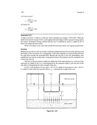162                                                                                              Chapter 5

(a) Coarse gravel


       c
            1 + 0.65
(b) Sandy silt


           1 + 0.80


Example 5.9
A large excavation is made in a stiff clay whose saturated unit weight is 109.8 lb/ft3. When the
depth of excavation reaches 24.6 ft, cracks appear and water begins to flow upward to bring sand to
the surface. Subsequent borings indicate that the clay is underlain by sand at a depth of 36.1 ft
below the original ground surface.
      What is the depth of the water table outside the excavation below the original ground level?

Solution
Making an excavation in the clay creates a hydraulic gradient between the top of the sand layer and
the bottom of the excavation. As a consequence, water starts seeping in an upward direction from
the sand layer towards the excavated floor. Because the clay has a very low permeability, flow
equilibrium can only be reached after a long period of time. The solution must be considered over
a short time interval.
      The floor of the excavation at depth d is stable only if the water pressure <Jw at the top of the
sand layer at a depth of 36.1 ft is counterbalanced by the saturated weight <7, per unit area of the
clay above it disregarding the shear strength of the clay.
      Let H = total thickness of clay layer = 36.1 ft, d = depth of excavation in clay = 24.6 ft,
h = depth of water table from ground surface, y = saturated unit weight of the clay.




                                                                            Stiff clay stratum




                            H




                                                                      H-d

                                               i,.. } , < ! , .   I



                                                                      .'•' '.. Sandy stratum




                                          Figure Ex. 5.9
 
