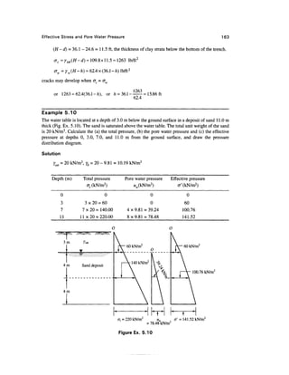 Effective Stress and Pore Water Pressure                                                           163


      (H -d) = 36.1 - 24.6 = 11.5 ft, the thickness of clay strata below the bottom of the trench.

      °c = rsat (#-<*) = 109.8x11.5 = 1263 lb/ft2

      (Tw = yw(H-h) = 62.4 x(36.1 - h ) lb/ft2

cracks may develop when a = <J

                                                 1263
      or 1263 = 62.4(36.1 -h or A = 36.1-                = 15.86 ft


Example 5.10
The water table is located at a depth of 3.0 m below the ground surface in a deposit of sand 11.0 m
thick (Fig. Ex. 5.10). The sand is saturated above the water table. The total unit weight of the sand
is 20 kN/m3. Calculate the (a) the total pressure, (b) the pore water pressure and (c) the effective
pressure at depths 0, 3.0, 7.0, and 11.0 m from the ground surface, and draw the pressure
distribution diagram.

Solution

      ysat = 20 kN/m3, yb = 20 - 9.81 = 10.19 kN/m3


     Depth (m)        Total pressure        Pore water pressure        Effective pressure
                       cr f (kN/m 2 )           w^kN/m2)                   <7'(kN/m2)

           0                     0                           0                  0
         3            3 x 20 = 60                       0                     60
         7           7 x 20 = 140.00          4x9.81 =39.24                  100.76
         11         11 x 20 = 220.00          8x9.81=78.48                   141.52




                                                                              60 kN/m2




                                                                                    100.76 kN/m2




                                         ot = 220 kN/nr          „„      a' = 141.52 kN/m2
                                                           = 78.48 kN/m2

                                         Figure Ex. 5.10
 