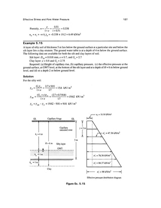 Effective Stress and Pore Water Pressure                                                                                       167


                            0.51
      Porosity, n =                = 0.338
                    l + e 1 + 0.51
      uw = uc = -n hjw = -0.338 x 19.2 = 6.49 kN/m2


Example 5.15
A layer of silty soil of thickness 5 m lies below the ground surface at a particular site and below the
silt layer lies a clay stratum. The ground water table is at a depth of 4 m below the ground surface.
The following data are available for both the silt and clay layers of soil.
       Silt layer: £>10 = 0.018 mm, e = 0.7, and Gs = 2.7
       Clay layer: e = 0.8 and Gs = 2.75
       Required: (a) Height of capillary rise, (b) capillary pressure, (c) the effective pressure at the
ground surface, at GWT level, at the bottom of the silt layer and at a depth of H = 6 m below ground
level, and (d) at a depth 2 m below ground level.

Solution
For the silty soil:

                                                                 m
                   l +e                  1.7

                                                             =                /m
       /sat
                            l +e               1.7
                            -Y     =19.62-9.81 = 9.81 kN/m 3


                                                                                              « c = 16.16 kN/m?
              GL
         wOLUUL WAJUUVAAJV
                                    Capillary fringe


                                                  Capillary
                                                  saturated zone
                                                                     GL
                                                                          ;


                                                                              11A   h-H


                                                                                             
                                                                                              
                                                                                              A- o' = 47.36 kN/m2
               /i c -f m                                                       i'             >s
                                   H- 6 m      Silty layer
                                                                      5m                             
                    1
                             Y                  GWT
                    ,
                        :
                            1m


      h^lm                                                                                 a; = 88.37 kN/m2
                                                                                                                     
                                     '
                                    Clay
                                                                                    j-         a =98 kN/m2               *

                                                                                    Effective pressure distribution diagram

                                                             Figure Ex. 5.15
 