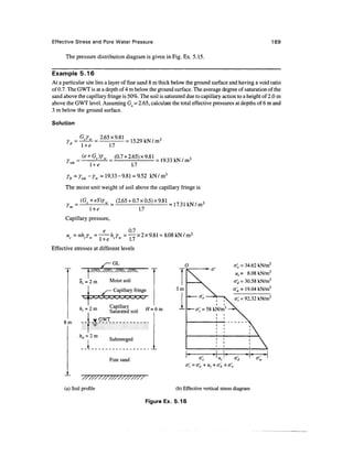 Effective Stress and Pore Water Pressure                                                                    169

      The pressure distribution diagram is given in Fig. Ex. 5.15.

Example 5.16
At a particular site lies a layer of fine sand 8 m thick below the ground surface and having a void ratio
of 0.7. The GWT is at a depth of 4 m below the ground surface. The average degree of saturation of the
sand above the capillary fringe is 50%. The soil is saturated due to capillary action to a height of 2.0 m
above the GWT level. Assuming G5 = 2.65, calculate the total effective pressures at depths of 6 m and
3 m below the ground surface.

Solution

                          2.65 x 9.8! = m 9 k N / m 3
      Yd=-r+ e
          l                   1.7
                (e + Gs)y       (0.7 +2.65) x 9.81
                                                   = 19.33 k N / m 3
                    l +e               1.7
           =
      Yb       Psat ~YW= 19.33-9.81 = 9.52 kN/m 3
      The moist unit weight of soil above the capillary fringe is


                   l +e                    1.7
      Capillary pressure,

                                     0.7
      u
       c = nhcYw =                  =77 x 2x9.81 = 8.08 kN/m 2

Effective stresses at different levels

                               GL                                                       a'0 = 34.62 kN/m2
                                                                                         w c = 8.08 kN/m2
                 =2m          Moist soil                                                o'd = 30.58 kN/m2
                               Capillary fringe             3m                          o'w = 19.04 kN/m2
                                                                                         a; = 92.32 kN/m2



     8m

                              Submerged


                              Fine sand



     (a) Soil profile                                       (b) Effective vertical stress diagram

                                                 Figure Ex. 5.16
 