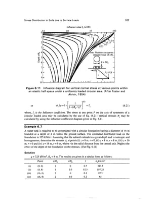 Stress Distribution in Soils due to Surface Loads                                                 187

                                         Influence value 7Z (xlOO)
                                        1.0                      10




                                                                 Note: Numbers on curves
                                                                     indicate value of r/RQ




 Figure 6.11 Influence diagram for vertical normal stress at various points within
   an elastic half-space under a uniformly loaded circular area. (After Foster and
                                   Ahlvin, 1954)

                                                          3/2

      or                                                                                        (6.21)

where, /., is the Influence coefficient. The stress at any point P on the axis of symmetry of a
circular loaded area may be calculated by the use of Eq. (6.21) Vertical stresses o~ may be
calculated by using the influence coefficient diagram given in Fig. 6.11.

Example 6.7
A water tank is required to be constructed with a circular foundation having a diameter of 16 m
founded at a depth of 2 m below the ground surface. The estimated distributed load on the
foundation is 325 kN/m2. Assuming that the subsoil extends to a great depth and is isotropic and
homogeneous, determine the stresses ot at points (i) z = 8 m, r = 0, (ii) z = 8 m, r = 8 m, (iii) z = 16
m, r = 0 and (iv) z = 1 6 m , r = 8m, where r is the radial distance from the central axis. Neglect the
effect of the depth of the foundation on the stresses. (Use Fig. 6.11)

Solution
      q — 325 kN/m2, RQ = 8 m. The results are given in a tabular form as follows:
            Point           z//?0          r/HQ             /           cr z kN/m 2

    (i)      (8,0)           1                 0           0.7           227.5
   (ii)      (8,8)           1                1.0         0.33           107.25
  (iii)     (16,0)           2                 0           0.3             97.5
  (iv)      (16, 8)          2                1.0          0.2              65
 