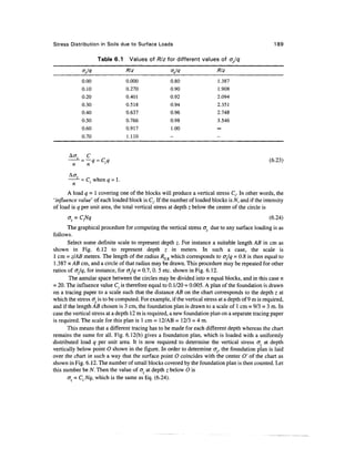 Stress Distribution in Soils due to Surface Loads                                                    189

                     Table 6.1     Values of Rlz for different values of a' Iq

              ajq                Rlz                  <V<7                 Rlz
              0.00               0.000               0.80                  1.387
              0.10               0.270               0.90                  1.908
              0.20               0.401               0.92                  2.094
              0.30               0.518               0.94                  2.351
              0.40               0.637               0.96                  2.748
              0.50               0.766               0.98                  3.546
              0.60               0.917               1.00                  oo

              0.70               1.110               -                     -

       AaL      C
                                                                                                   (6.23)
        n       n      '

            z
            -= Cl when<7 = l.
        n
       A load q = 1 covering one of the blocks will produce a vertical stress C-. In other words, the
'influence value' of each loaded block is C(. If the number of loaded blocks is N, and if the intensity
of load is q per unit area, the total vertical stress at depth z below the center of the circle is
      ot = CNq                                                                                     (6.24)
       The graphical procedure for computing the vertical stress GZ due to any surface loading is as
follows.
       Select some definite scale to represent depth z. For instance a suitable length AB in cm as
shown in Fig. 6.12 to represent depth z in meters. In such a case, the scale is
1 cm = zlAB meters. The length of the radius RQ g which corresponds to ajq = 0.8 is then equal to
 1.387 x AB cm, and a circle of that radius may be drawn. This procedure may be repeated for other
ratios of ajq, for instance, for ojq = 0.7, 0. 5 etc. shown in Fig. 6.12.
       The annular space between the circles may be divided into n equal blocks, and in this case n
= 20. The influence value C. is therefore equal to 0.1/20 = 0.005. A plan of the foundation is drawn
on a tracing paper to a scale such that the distance AB on the chart corresponds to the depth z at
which the stress c?z is to be computed. For example, if the vertical stress at a depth of 9 m is required,
and if the length AB chosen is 3 cm, the foundation plan is drawn to a scale of 1 cm = 9/3 = 3 m. In
case the vertical stress at a depth 12 m is required, a new foundation plan on a separate tracing paper
is required. The scale for this plan is 1 cm = 12/AB = 12/3 = 4 m.
       This means that a different tracing has to be made for each different depth whereas the chart
remains the same for all. Fig. 6.12(b) gives a foundation plan, which is loaded with a uniformly
distributed load q per unit area. It is now required to determine the vertical stress &z at depth
vertically below point O shown in the figure. In order to determine crz, the foundation plan is laid
over the chart in such a way that the surface point O coincides with the center O' of the chart as
shown in Fig. 6.12. The number of small blocks covered by the foundation plan is then counted. Let
this number be N. Then the value of GZ at depth z below O is
       az = Ci Nq, which is the same as Eq. (6.24).
 