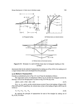 Stress Distribution in Soils due to Surface Loads                                                                193



                                                                              0    0.2   0.4   0.6 O.i




                                                                         3a

                    (a) Triangular loading                            (b) Vertical stress on vertical sections




                                                                              A t z = l.Ofl

                                           (c) Vertical stress on horizontal sections

    Figure 6.13      Stresses in a semi-infinite mass due to triangular loading on the
                                           surface

determined either by the method of superposition by making use of Eq. (6.26) or by making use of
a single formula which can be developed from first principles.

crz by Method of Superposition
Consider an embankment given in Fig. 6.14. a at P may be calculated as follows:
     The trapezoidal section of embankment ABCD, may be divided into triangular sections by
drawing a vertical line through point P as shown in Fig. 6.14. We may write
      ABCD = AGE + FGB - EDJ - FJC                                                                           (6.27)
      If <r r <Tz2, Gzy and <7z4 are the vertical stresses at point P due to the loadings of figures AGE,
FGB, EDJ and FJC respectively, the vertical stress o"z due to the loading of figure ABCD may be
written as

      o=o                -o   Z
                                      -o
                                       Z                                                                     (6.28)
                    Z2            3


      By applying the principle of superposition for each of the triangles by making use of
Eq. (6.26), we obtain
 