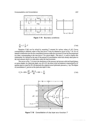 Compressibility and Consolidation                                                                         237




                                                                                                   P

        H
                                      Clay

        H


                                    '• Sand y..'•:.': I



                                 Figure 7.15        Boundary conditions




       ~Kp=f~H'T                                                                                        (7 44)
                                                                                                          '
       Equation (7.44) can be solved by assuming T constant for various values of z/H. Curves
corresponding to different values of the time factor T may be obtained as given in Fig. 7.16. It is of
interest to determine how far the consolidation process under the increment of load Ap has progressed
at a time t corresponding to the time factor T at a given depth z. The term £/, is used to express this
relationship. It is defined as the ratio of the amount of consolidation which has already taken place to
the total amount which is to take place under the load increment.
       The curves in Fig. 7.16 shows the distribution of the pressure Ap between solid and liquid phases
at various depths. At a particular depth, say z/H = 0.5, the stress in the soil skeleton is represented by AC
and the stress in water by CB. AB represents the original excess hydrostatic pressure ui = Ap. The degree
of consolidation Uz percent at this particular depth is then

                      AC     Ap-«                  u
       u z % = ioox—- = -tAp = 100 i-—
                   AB
                          -—         Ap                                                                 (7.45)




                                           r
                                          1.0
                                                A/7- U




                                    0.5


                              z/H   1.0
                                                                                       T= oo



                                    1.5
                           r=o
                                    2.0



                  Figure 7.16       Consolidation of clay layer as a function T
 