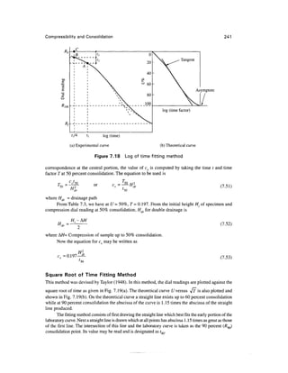 Compressibility and Consolidation                                                                            241




                                                                                                Asymptote




           Rf-

                  f i/4       t}        log (time)

              (a) Experimental curve                                    (b) Theoretical curve

                                   Figure 7.18           Log of time fitting method

correspondence at the central portion, the value of cy is computed by taking the time t and time
factor T at 50 percent consolidation. The equation to be used is
              cv t 50                                T
       T -
       1
         5Q                        or                -~Hlr                                                  (7.51)
                  l
                   dr

where Hdr = drainage path
     From Table 7.3, we have at U = 50%, T= 0.197. From the initial height //. of specimen and
compression dial reading at 50% consolidation, Hdr for double drainage is

               H: ~
                                                                                                            (7.52)

where hH= Compression of sample up to 50% consolidation.
     Now the equation for c may be written as

                          H
       c = 0.197                                                                                            (7.53)


Square Root of Time Fitting Method
This method was devised by Taylor (1948). In this method, the dial readings are plotted against the
square root of time as given in Fig. 7.19(a). The theoretical curve U versus ^JT is also plotted and
shown in Fig. 7.19(b). On the theoretical curve a straight line exists up to 60 percent consolidation
while at 90 percent consolidation the abscissa of the curve is 1.15 times the abscissa of the straight
line produced.
      The fitting method consists of first drawing the straight line which best fits the early portion of the
laboratory curve. Next a straight line is drawn which at all points has abscissa 1.15 times as great as those
of the first line. The intersection of this line and the laboratory curve is taken as the 90 percent (RQQ)
consolidation point. Its value may be read and is designated as tgQ.
 