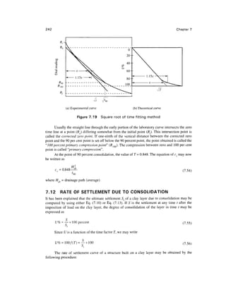 242                                                                                         Chapter 7




              (a) Experimental curve                         (b) Theoretical curve

                        Figure 7.19    Square root of time fitting method

      Usually the straight line through the early portion of the laboratory curve intersects the zero
time line at a point (Ro) differing somewhat from the initial point (/?f.). This intersection point is
called the corrected zero point. If one-ninth of the vertical distance between the corrected zero
point and the 90 per cent point is set off below the 90 percent point, the point obtained is called the
"100 percent primary compression point" (Rloo). The compression between zero and 100 per cent
point is called "primary compression".
      At the point of 90 percent consolidation, the value of T = 0.848. The equation of cv may now
be written as

              H2
       c =0.848-^                                                                               (7.54)
                  '90

where H, - drainage path (average)


7.12      RATE OF SETTLEMENT DUE TO CONSOLIDATION
It has been explained that the ultimate settlement St of a clay layer due to consolidation may be
computed by using either Eq. (7.10) or Eq. (7.13). If S is the settlement at any time t after the
imposition of load on the clay layer, the degree of consolidation of the layer in time t may be
expressed as

       U% = — x 100 percent                                                                     (7.55)

       Since U is a function of the time factor T, we may write

                        = —xlOO                                                                 (7.56)
                          O



      The rate of settlement curve of a structure built on a clay layer may be obtained by the
following procedure:
 