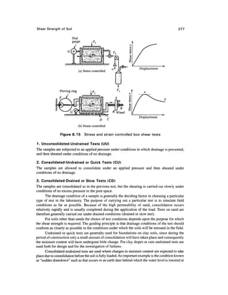 Shear Strength of Soil                                                                             277

                         Dial
                         gauge




                                                                       Displacement
                                                     _-

                             (b) Strain controlled

                Figure 8.15      Stress and strain controlled box shear tests

1. Unconsolidated-Undrained Tests (UU)
The samples are subjected to an applied pressure under conditions in which drainage is prevented,
and then sheared under conditions of no drainage.

2. Consolidated-Undrained or Quick Tests (CD)
The samples are allowed to consolidate under an applied pressure and then sheared under
conditions of no drainage.

3. Consolidated-Drained or Slow Tests (CD)
The samples are consolidated as in the previous test, but the shearing is carried out slowly under
conditions of no excess pressure in the pore space.
       The drainage condition of a sample is generally the deciding factor in choosing a particular
type of test in the laboratory. The purpose of carrying out a particular test is to simulate field
conditions as far as possible. Because of the high permeability of sand, consolidation occurs
relatively rapidly and is usually completed during the application of the load. Tests on sand are
therefore generally carried out under drained conditions (drained or slow test).
       For soils other than sands the choice of test conditions depends upon the purpose for which
the shear strength is required. The guiding principle is that drainage conditions of the test should
conform as closely as possible to the conditions under which the soils will be stressed in the field.
       Undrained or quick tests are generally used for foundations on clay soils, since during the
period of construction only a small amount of consolidation will have taken place and consequently
the moisture content will have undergone little change. For clay slopes or cuts undrained tests are
used both for design and for the investigation of failures.
       Consolidated-undrained tests are used where changes in moisture content are expected to take
place due to consolidation before the soil is fully loaded. An important example is the condition known
as "sudden drawdown" such as that occurs in an earth dam behind which the water level is lowered at
 