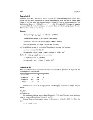 290                                                                                         Chapter 8


Example S.9
Boreholes reveal that a thin layer of alluvial silt exists at a depth of 50 ft below the surface of the
ground. The soil above this level has an average dry unit weight of 96 lb/ft 3 and an average water
content of 30%. The water table is approximately at the surface. Tests on undisturbed samples give
the following data: cu = 1008 lb/ft2, 0M = 13°, cd = 861 lb/ft2, (j)d = 23°. Estimate the shearing
resistance of the silt on a horizontal plane (a) when the shear stress builds up rapidly, and (b) when
the shear stress builds up very slowly.

Solution

       Bulk unit weight yt = yd (1 + w) = 96 x 1.3 = 124.8 lb/ft 3

       Submerged uint weight yb = 124.8- 62.4 = 62.4 lb/ft3

      Total normal pressure at 50 ft depth = 50 x 124.8 = 6240 lb/ft2
      Effective pressure at 50 ft depth = 50 x 62.4 = 3120 lb/ft 2
(a) For rapid build-up, use the properties of the undrained state and total pressure.
      At a total pressure of 6240 lb/ft 2
      shear strength, s = c + crtan </> = 1008 + 6240 tan 13° = 2449 lb/ft2
(b) For slow build-up, use effective stress properties
      At an effective stress of 3120 lb/ft2,
      shear strength = 861 + 3120 tan 23° = 2185 lb/ft 2



Example 8.10
When an undrained triaxial compression test was conducted on specimens of clayey silt, the
following results were obtained:

 Specimen No.         1
               2
 cr 3 (kN/m )       17       44        56
 <T! (kN/m2)       157      204       225
 M (kN/m 2 )         12       20        22

      Determine the values of shear parameters considering (a) total stresses and (b) effective
stresses.

Solution
(a) Total stresses
       For a solution with total stresses, draw Mohr circles Cr C2 and C3 for each of the specimens
using the corresponding principal stresses a{ and cr3.
       Draw a Mohr envelope tangent to these circles as shown in Fig. Ex. 8.10. Now from the
figure
      c- 48 kN/m2, 0= 15°
 