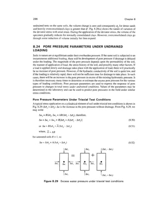 298                                                                                           Chapter 8

undrained tests on the same soils, the volume change is zero and consequently (j)d for dense sands
and heavily overconsolidated clays is greater than 0'. Fig. 8.28(a) shows the nature of variation of
the deviator stress with axial strain. During the application of the deviator stress, the volume of the
specimen gradually reduces for normally consolidated clays. However, overconsolidated clays go
through some reduction of volume initially but then expand.


8.24 PORE PRESSURE PARAMETERS UNDER UNDRAINED
LOADING
Soils in nature are at equilibrium under their overburden pressure. If the same soil is subjected to an
instantaneous additional loading, there will be development of pore pressure if drainage is delayed
under the loading. The magnitude of the pore pressure depends upon the permeability of the soil,
the manner of application of load, the stress history of the soil, and possibly many other factors. If
a load is applied slowly and drainage takes place with the application of load, there will practically
be no increase of pore pressure. However, if the hydraulic conductivity of the soil is quite low, and
if the loading is relatively rapid, there will not be sufficient time for drainage to take place. In such
cases, there will be an increase in the pore pressure in excess of the existing hydrostatic pressure. It
is therefore necessary many times to determine or estimate the excess pore pressure for the various
types of loading conditions. Pore pressure parameters are used to express the response of pore
pressure to changes in total stress under undrained conditions. Values of the parameters may be
determined in the laboratory and can be used to predict pore pressures in the field under similar
stress conditions.

Pore Pressure Parameters Under Triaxial Test Conditions
A typical stress application on a cylindrical element of soil under triaxial test conditions is shown in
Fig. 8.29 (Adj > A<73). AM is the increase in the pore pressure without drainage. From Fig. 8.29, we
may write
      AM3 = 5A<73, Awj = Afi(Acr1 - Acr3), therefore,
      AM = AMj + AM3 = #[A<73 + /4(A(Tj - Acr3)]                                                  (8.50)

      or AM = BAcr3 + A(Aer, - A<r 3 )                                                            (8.51)

      where, A = AB
for saturated soils B = 1, so

      Aw = A<7             - A<7 3 )                                                              (8.52)

                                I ACT,                 ACT,            (ACT, - ACT3)




                                         A<73   A<73          ACT,   AM,



                                 ACT,                  ACT,            (ACT, - ACT3)



           Figure 8.29      Excess water pressure under triaxial test conditions
 