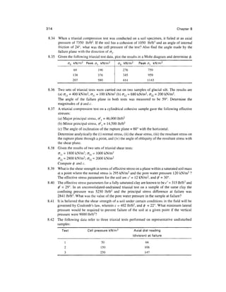 314                                                                                         Chapters


 8.34   When a triaxial compression test was conducted on a soil specimen, it failed at an axial
        pressure of 7350 lb/ft2. If the soil has a cohesion of 1050 lb/ft 2 and an angle of internal
        friction of 24°, what was the cell pressure of the test? Also find the angle made by the
        failure plane with the direction of <73.
 8.35   Given the following triaxial test data, plot the results in a Mohr diagram and determine 0.
                cr3 kN/m 2   Peak <7, kN/m 2      <T3 kN/m 2     Peak a, kN/m 2

                   69               190              276               759
                   138              376              345               959
                   207              580              414               1143


8.36 Two sets of triaxial tests were carried out on two samples of glacial silt. The results are
     (a) <7n = 400 kN/m2, <T31 = 100 kN/m2 (b) cr12 = 680 kN/m2, cr32 = 200 kN/m 2 .
     The angle of the failure plane in both tests was measured to be 59°. Determine the
     magnitudes of 0 and c.
8.37 A triaxial compression test on a cylindrical cohesive sample gave the following effective
     stresses:
     (a) Major principal stress, a/l = 46,000 lb/ft2
     (b) Minor principal stress, tr'3 = 14,500 lb/ft2
     (c) The angle of inclination of the rupture plane = 60° with the horizontal.
     Determine analytically the (i) normal stress, (ii) the shear stress, (iii) the resultant stress on
     the rupture plane through a point, and (iv) the angle of obliquity of the resultant stress with
     the shear plane.
8.38 Given the results of two sets of triaxial shear tests:
     <7n = 1800 kN/m 2 ; cr31 = 1000 kN/m 2
     <712 = 2800 kN/m 2 ; d32 = 2000 kN/m 2
     Compute 0 and c.
8.39 What is the shear strength in terms of effective stress on a plane within a saturated soil mass
     at a point where the normal stress is 295 kN/m 2 and the pore water pressure 120 kN/rn2 ?
     The effective stress parameters for the soil are c' = 12 kN/m 2 , and 0' = 30°.
8.40 The effective stress parameters for a fully saturated clay are known to be c' = 315 lb/ft2 and
     0' = 29°. In an unconsolidated-undrained triaxial test on a sample of the same clay the
     confining pressure was 5250 lb/ft2 and the principal stress difference at failure was
     2841 lb/ft2. What was the value of the pore water pressure in the sample at failure?
8.41 It is believed that the shear strength of a soil under certain conditions in the field will be
     governed by Coulomb's law, wherein c - 402 lb/ft2, and 0 = 22°. What minimum lateral
     pressure would be required to prevent failure of the soil at a given point if the vertical
     pressure were 9000 lb/ft2?
8.42 The following data refer to three triaxial tests performed on representative undisturbed
     samples:
          Test               Cell pressure kN/m 2            Axial dial reading
                                                            (division) at failure
            1                         50                              66
            2                        150                             106
            3                        250                             147
 