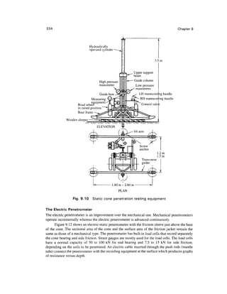 334                                                                                       Chapter 9



                                                       iff
                               Hydraulically
                               operated cylinder


                                                                          3.5m


                                                             Upper support
                                                             beam
                                      High pressure          Guide column
                                      manometer               Low pressure
                                                              manometer
                                       Guide bow                LH maneuver ng handle
                                 Measuring                       RH maneuvering handle
                                 equipment
                      Road wheef                                 Control valv;
                      in raised position
                      Base frame

              Wooden sleeper




                                               1.80m-2.00m
                                                      PLAN

                  Fig. 9.10      Static cone penetration testing equipment

The Electric Penetrometer
The electric penetrometer is an improvement over the mechanical one. Mechanical penetrometers
operate incrementally whereas the electric penetrometer is advanced continuously.
       Figure 9.12 shows an electric-static penetrometer with the friction sleeve just above the base
of the cone. The sectional area of the cone and the surface area of the friction jacket remain the
same as those of a mechanical type. The penetrometer has built in load cells that record separately
the cone bearing and side friction. Strain gauges are mostly used for the load cells. The load cells
have a normal capacity of 50 to 100 kN for end bearing and 7.5 to 15 kN for side friction,
depending on the soils to be penetrated. An electric cable inserted through the push rods (mantle
tube) connect the penetrometer with the recording equipment at the surface which produces graphs
of resistance versus depth.
 