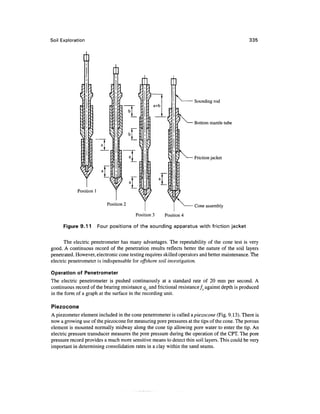 Soil Exploration                                                                                          335




                                            
                                                                          n
                                                                           r
                                                        >1
                                                                               

                                                
                                                    A
                                                    '.        a+b
                                                                    1    11          Sounding rod



                                                                                     Bottom mantle tube
                                                                          ;/
                                                                               ^
                                            

                                                                               
                                                                          
                                                         r.
                                                                         V           Friction jacket




                                         r %I " ?!/
                                            ,




            Position 1

                            Position 2
                                           M
                                           

                                          Position 3
                                                    V
                                                               a


                                                                        1      ^
                                                                        Position 4
                                                                                     Cone assembly



      Figure 9.11        Four positions of the sounding apparatus with friction jacket

       The electric penetrometer has many advantages. The repeatability of the cone test is very
good. A continuous record of the penetration results reflects better the nature of the soil layers
penetrated. However, electronic cone testing requires skilled operators and better maintenance. The
electric penetrometer is indispensable for offshore soil investigation.

Operation of Penetrometer
The electric penetrometer is pushed continuously at a standard rate of 20 mm per second. A
continuous record of the bearing resistance qc and frictional resistance/^ against depth is produced
in the form of a graph at the surface in the recording unit.

Piezocone
A piezometer element included in the cone penetrometer is called apiezocone (Fig. 9.13). There is
now a growing use of the piezocone for measuring pore pressures at the tips of the cone. The porous
element is mounted normally midway along the cone tip allowing pore water to enter the tip. An
electric pressure transducer measures the pore pressure during the operation of the CPT. The pore
pressure record provides a much more sensitive means to detect thin soil layers. This could be very
important in determining consolidation rates in a clay within the sand seams.
 