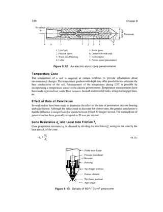 Chapter 9



                                                                                        .
                                                                                       Piezocone.




                       1. Load cell                   5. Strain gases
                       2. Friction sleeve             6. Connection with rods
                       3. Water proof bushing         7. Inclinometer
                       4. Cable                       8. Porous stone (piezometer)

                    Figure 9.12      An-electric-static cone penetrometer

Temperature Cone
The temperature of a soil is required at certain localities to provide information about
environmental changes. The temperature gradient with depth may offer possibilities to calculate the
heat conductivity of the soil. Measurement of the temperature during CPT is possible by
incorporating a temperature sensor in the electric penetrometer. Temperature measurements have
been made in permafrost, under blast furnaces, beneath undercooled tanks, along marine pipe lines,
etc.

Effect of Rate of Penetration
Several studies have been made to determine the effect of the rate of penetration on cone bearing
and side friction. Although the values tend to decrease for slower rates, the general conclusion is
that the influence is insignificant for speeds between 10 and 30 mm per second. The standard rate of
penetration has been generally accepted as 20 mm per second.

Cone Resistance cr c and Local Side Friction f c»
Cone penetration resistance qc is obtained by dividing the total force Qc acting on the cone by the
base area A of the cone.


                                                                                               (9.11)



                                                  Probe main frame
                                                  Pressure transducer
                                                  Retainer
                                                  Housing

                                                 Tip (Upper portion)

                                                  Porous element

                                                  Tip (lower portion)
                                                  Apex angle

                      Figure 9.13      Details of 60°/10 cm2 piezocone
 