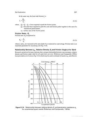 Soil Exploration                                                                               337


      In the same way, the local side friction fc is

            Qf
            A                                                                                (9.12)
      fc=^^
             f
where, Qf = Qt - Qc = force required to push the friction jacket,
       Qt = the total force required to push the cone and friction jacket together in the case of a
            mechanical penetrometer,
       Af= surface area of the friction jacket.
Friction Ratio, Rf
Friction ratio, RAs expressed as

            fc
      K
      */-—'                                                                                   (9.13)

where fc and qc are measured at the same depth. RAs expressed as a percentage. Friction ratio is an
important parameter for classifying soil (Fig. 9.16).

Relationship Between qo, Relative Density D r and Friction Angle 0 for Sand
Research carried out by many indicates that a unique relationship between cone resistance, relative
density and friction angle valid for all sands does not exist. Robertson and Campanella (1983a)
have provided a set of curves (Fig. 9.14) which may be used to estimate Dr based on qc and effective


                                           Cone bearing, qc MN/m2
                               0        10      20         30     40        50




                     •a 300

                         350


                         400
                                            Dr expressed in percent

Figure 9.14 Relationship between relative density Dr and penetration resistance qc
         for uncemented quartz sands (Robertson and Campanella, 1983a)
 