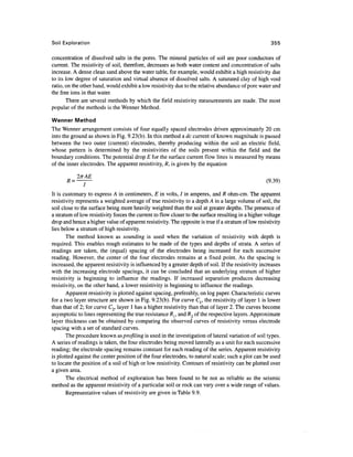 Soil Exploration                                                                                      355

concentration of dissolved salts in the pores. The mineral particles of soil are poor conductors of
current. The resistivity of soil, therefore, decreases as both water content and concentration of salts
increase. A dense clean sand above the water table, for example, would exhibit a high resistivity due
to its low degree of saturation and virtual absence of dissolved salts. A saturated clay of high void
ratio, on the other hand, would exhibit a low resistivity due to the relative abundance of pore water and
the free ions in that water.
       There are several methods by which the field resistivity measurements are made. The most
popular of the methods is the Wenner Method.

Wenner Method
The Wenner arrangement consists of four equally spaced electrodes driven approximately 20 cm
into the ground as shown in Fig. 9.23(b). In this method a dc current of known magnitude is passed
between the two outer (current) electrodes, thereby producing within the soil an electric field,
whose pattern is determined by the resistivities of the soils present within the field and the
boundary conditions. The potential drop E for the surface current flow lines is measured by means
of the inner electrodes. The apparent resistivity, R, is given by the equation

       R = ——                                                                                        (9.39)

It is customary to express A in centimeters, E in volts, / in amperes, and R ohm-cm. The apparent
resistivity represents a weighted average of true resistivity to a depth A in a large volume of soil, the
soil close to the surface being more heavily weighted than the soil at greater depths. The presence of
a stratum of low resistivity forces the current to flow closer to the surface resulting in a higher voltage
drop and hence a higher value of apparent resistivity. The opposite is true if a stratum of low resistivity
lies below a stratum of high resistivity.
       The method known as sounding is used when the variation of resistivity with depth is
required. This enables rough estimates to be made of the types and depths of strata. A series of
readings are taken, the (equal) spacing of the electrodes being increased for each successive
reading. However, the center of the four electrodes remains at a fixed point. As the spacing is
increased, the apparent resistivity is influenced by a greater depth of soil. If the resistivity increases
with the increasing electrode spacings, it can be concluded that an underlying stratum of higher
resistivity is beginning to influence the readings. If increased separation produces decreasing
resistivity, on the other hand, a lower resistivity is beginning to influence the readings.
       Apparent resistivity is plotted against spacing, preferably, on log paper. Characteristic curves
for a two layer structure are shown in Fig. 9.23(b). For curve Cp the resistivity of layer 1 is lower
than that of 2; for curve C2, layer 1 has a higher resistivity than that of layer 2. The curves become
asymptotic to lines representing the true resistance Rr and R2 of the respective layers. Approximate
layer thickness can be obtained by comparing the observed curves of resistivity versus electrode
spacing with a set of standard curves.
       The procedure known as profiling is used in the investigation of lateral variation of soil types.
A series of readings is taken, the four electrodes being moved laterally as a unit for each successive
reading; the electrode spacing remains constant for each reading of the series. Apparent resistivity
is plotted against the center position of the four electrodes, to natural scale; such a plot can be used
to locate the position of a soil of high or low resistivity. Contours of resistivity can be plotted over
a given area.
       The electrical method of exploration has been found to be not as reliable as the seismic
method as the apparent resistivity of a particular soil or rock can vary over a wide range of values.
       Representative values of resistivity are given in Table 9.9.
 