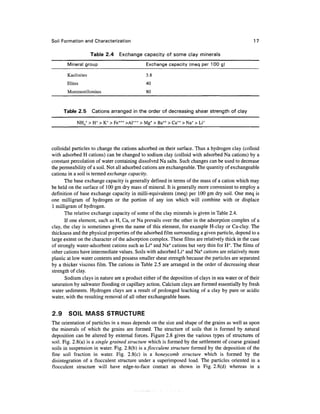 Soil Formation and Characterization                                                                17

                    Table 2.4    Exchange capacity of some clay minerals
       Mineral group                          Exchange capacity (meq per 100 g)

       Kaolinites                             3.8
       Illites                                40
       Montmorillonites                       80


      Table 2.5     Cations arranged in the order of decreasing shear strength of clay

             NH/ > H+ > K+ > Fe+++ >A1+++ > Mg+ > Ba++ > Ca++ > Na+ > Li+




colloidal particles to change the cations adsorbed on their surface. Thus a hydrogen clay (colloid
with adsorbed H cations) can be changed to sodium clay (colloid with adsorbed Na cations) by a
constant percolation of water containing dissolved Na salts. Such changes can be used to decrease
the permeability of a soil. Not all adsorbed cations are exchangeable. The quantity of exchangeable
cations in a soil is termed exchange capacity.
       The base exchange capacity is generally defined in terms of the mass of a cation which may
be held on the surface of 100 gm dry mass of mineral. It is generally more convenient to employ a
definition of base exchange capacity in milli-equivalents (meq) per 100 gm dry soil. One meq is
one milligram of hydrogen or the portion of any ion which will combine with or displace
1 milligram of hydrogen.
       The relative exchange capacity of some of the clay minerals is given in Table 2.4.
       If one element, such as H, Ca, or Na prevails over the other in the adsorption complex of a
clay, the clay is sometimes given the name of this element, for example H-clay or Ca-clay. The
thickness and the physical properties of the adsorbed film surrounding a given particle, depend to a
large extent on the character of the adsorption complex. These films are relatively thick in the case
of strongly water-adsorbent cations such as Li+ and Na+ cations but very thin for H+. The films of
other cations have intermediate values. Soils with adsorbed Li+ and Na+ cations are relatively more
plastic at low water contents and possess smaller shear strength because the particles are separated
by a thicker viscous film. The cations in Table 2.5 are arranged in the order of decreasing shear
strength of clay.
       Sodium clays in nature are a product either of the deposition of clays in sea water or of their
saturation by saltwater flooding or capillary action. Calcium clays are formed essentially by fresh
water sediments. Hydrogen clays are a result of prolonged leaching of a clay by pure or acidic
water, with the resulting removal of all other exchangeable bases.


2.9     SOIL MASS STRUCTURE
The orientation of particles in a mass depends on the size and shape of the grains as well as upon
the minerals of which the grains are formed. The structure of soils that is formed by natural
deposition can be altered by external forces. Figure 2.8 gives the various types of structures of
soil. Fig. 2.8(a) is a single grained structure which is formed by the settlement of coarse grained
soils in suspension in water. Fig. 2.8(b) is a flocculent structure formed by the deposition of the
fine soil fraction in water. Fig. 2.8(c) is a honeycomb structure which is formed by the
disintegration of a flocculent structure under a superimposed load. The particles oriented in a
flocculent structure will have edge-to-face contact as shown in Fig. 2.8(d) whereas in a
 