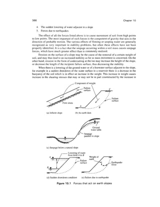 366                                                                                               Chapter 10

    4. The sudden lowering of water adjacent to a slope
    5. Forces due to earthquakes
       The effect of all the forces listed above is to cause movement of soil from high points
to low points. The most important of such forces is the component of gravity that acts in the
direction of probable motion. The various effects of flowing or seeping water are generally
recognized as very important in stability problems, but often these effects have not been
properly identified. It is a fact that the seepage occurring within a soil mass causes seepage
forces, which have much greater effect than is commonly realized.
       Erosion on the surface of a slope may be the cause of the removal of a certain weight of
soil, and may thus lead to an increased stability as far as mass movement is concerned. On the
other hand, erosion in the form of undercutting at the toe may increase the height of the slope,
or decrease the length of the incipient failure surface, thus decreasing the stability.
       When there is a lowering of the ground water or of a freewater surface adjacent to the slope,
for example in a sudden drawdown of the water surface in a reservoir there is a decrease in the
buoyancy of the soil which is in effect an increase in the weight. This increase in weight causes
increase in the shearing stresses that may or may not be in part counteracted by the increase in

                                          Component of weight

                                                                                 C



                                                                                     Failure
                                                                                     surface




             (a) Infinite slope            (b) An earth dam




                                                            Ground
                                                           water table
                                                    Seepage
                                                    parallel to slope



             (c) Seepage below a natural slope

                                   Lowering of water
                                   from level A to B

                                                                                     Earthquake
                                                                                     force




              (d) Sudden drawdown condition      (e) Failure due to earthquake

                        Figure 10.1      Forces that act on earth slopes
 
