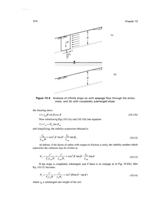 374                                                                                       Chapter 10




                                                                           (a)




                                                                                 (b)




   Figure 10.4        Analysis of infinite slope (a) with seepage flow through the entire
                       mass, and (b) with completely submerged slope.


the shearing stress
      T = ysatH sin /3 cos /3                                                                (lO.llb)
      Now substituting Eqs (10. 11 a) and (10. lib) into equation


and simplifying, the stability expression obtained is


      -^2— = cos2 0 tan 0- - - tan </>'„                                                      (10.12)
       Y sat H
       1                   Y sat
                           '

      As before, if the factor of safety with respect to friction is unity, the stability number which
represents the cohesion may be written as


      N =•                    C/
                                      = cos2,tf tan^--^-                                      (10.13)
             FY
              c'   sat H   'sat H ,
                           Y                              ' sat

      If the slope is completely submerged, and if there is no seepage as in Fig. 10.4(b), then
Eq. (10.13) becomes

      N =                          = cos2 /?(tan ft ~ tan <}>')                               (10.14)

where y, = submerged unit weight of the soil.
 