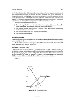 Stability of Slopes                                                                                  383

sin 0", where R is the radius of the trial circle, a circle is drawn. Any line tangent to the inner circle
must intersect the trial circle at an angle tf with R. Therefore, any vector representing an
intergranular pressure at obliquity 0' to an element of the rupture arc must be tangent to the inner
circle. This inner circle is called the friction circle or ^-circle. The friction circle method of slope
analysis is a convenient approach for both graphical and mathematical solutions. It is given this
name because the characteristic assumption of the method refers to the 0-circle.
       The forces considered in the analysis are
    1. The total weight W of the mass above the trial circle acting through the center of mass. The
       center of mass may be determined by any one of the known methods.
    2. The resultant boundary neutral force U. The vector U may be determined by a graphical
       method from flownet construction.
    3. The resultant intergranular force, P, acting on the boundary.
    4. The resultant cohesive force C.

Actuating Forces
The actuating forces may be considered to be the total weight W and the resultant boundary force U
as shown in Fig. 10.10.
      The boundary neutral force always passes through the center of rotation O. The resultant of W
and U, designated as Q, is shown in the figure.

Resultant Cohesive Force
Let the length of arc AB be designated as La, the length of chord AB by Lc. Let the arc length La be
divided into a number of small elements and let the mobilized cohesive force on these elements be
designated as Cr C2, C3, etc. as shown in Fig. 10.11. The resultant of all these forces is shown by
the force polygon in the figure. The resultant is A'B' which is parallel and equal to the chord length
AB. The resultant of all the mobilized cohesional forces along the arc is therefore
      C = c'L




                                 Figure 10.10       Actuating forces
 