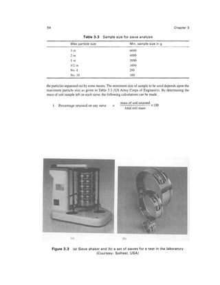 34                                                                                     Chapter 3

                           Table 3.3   Sample size for sieve analysis
                  Max particle size                     Min. sample size in g
                  3 in                                  6000
                  2 in                                  4000
                  1 in                                  2000
                  1/2 in                                1000
                  No. 4                                 200
                  No. 10                                100


the particles separated out by some means. The minimum size of sample to be used depends upon the
maximum particle size as given in Table 3.3 (US Army Corps of Engineers). By determining the
mass of soil sample left on each sieve, the following calculations can be made.

                                                  mass of soil retained
     1. Percentage retained on any sieve    =               ;           xlOO
                                                    total soil mass




     Figure 3.3    (a) Sieve shaker and (b) a set of sieves for a test in the laboratory
                                 (Courtesy: Soiltest, USA)
 