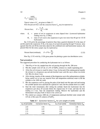 42                                                                                            Chapter 3


                    1.65G
        C     =           i—
         58                                                                                      (3.31)
                  2.65(G? -1)

       Typical values of C? are given in Table 3.7.
       Now the percent finer with the correction factor Cs may be expressed as

        Percent finer,      P' =         xlOO                                                    (3.32)
                                    M
where         Rc     =grams of soil in suspension at some elapsed time t [corrected hydrometer
                      reading from Eq. (3.30b)]
           Ms = mass of soil used in the suspension in gms (not more than 60 gm for 152 H
                      hydrometer)
      Eq. (3.32) gives the percentage of particles finer than a particle diameter D in the mass of
soil Ms used in the suspension. If M is the mass of soil particles passing through 75 micron sieve
(greater than M) and M the total mass taken for the combined sieve and hydrometer analysis, the
percent finer for the entire sample may be expressed as

        Percent finer(combined),        P = P'% x                                                (3.33)
                                                    M
       Now Eq. (3.33) with Eq. (3.24) gives points for plotting a grain size distribution curve.

Test procedure
The suggested procedure for conducting the hydrometer test is as follows:
     1. Take 60 g or less dry sample from the soil passing through the No. 200 sieve
     2. Mix this sample with 125 mL of a 4% of NaPO3 solution in a small evaporating dish
     3. Allow the soil mixture to stand for about 1 hour. At the end of the soaking period transfer
        the mixture to a dispersion cup and add distilled water until the cup is about two-thirds
        full. Mix for about 2 min.
     4. After mixing, transfer all the contents of the dispersion cup to the sedimentation cylinder,
        being careful not to lose any material Now add temperature-stabilized water to fill the
        cylinder to the 1000 mL mark.
     5. Mix the suspension well by placing the palm of the hand over the open end and turning
        the cylinder upside down and back for a period of 1 min. Set the cylinder down on a table.
     6. Start the timer immediately after setting the cylinder. Insert the hydrometer into the
        suspension just about 20 seconds before the elapsed time of 2 min. and take the first
        reading at 2 min. Take the temperature reading. Remove the hydrometer and the
        thermometer and place both of them in the control jar.
     7. The control jar contains 1000 mL of temperature-stabilized distilled water mixed with
        125 mL of the same 4% solution of NaPO3.

                   Table 3.7       Correction factors C    for unit weight of solids
  Gs of soil solids         Correction factor C           Gs of soil solids   Correction factor C

         2.85                         0.96                      2.65                   1.00
         2.80                         0.97                      2.60                   1.01
         2.75                         0.98                      2.55                   1.02
         2.70                         0.99                      2.50                   1.04
 