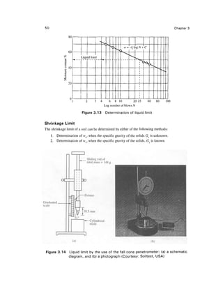 50                                                                                        Chapter 3




                                                                     C




                    o
                   ON
              ^           Liquid limit

              co
                    o
                   4^




              o
              s
                    o
                   NJ




                                    3 4      6 8 1 0          2 0 2 5 40     60     100
                                          Log number of blows N

                          Figure 3.13     Determination of liquid limit

Shrinkage Limit
The shrinkage limit of a soil can be determined by either of the following methods:
     1. Determination of vvs, when the specific gravity of the solids G s is unknown.
     2. Determination of vv v , when the specific gravity of the solids, G s is known.




Figure 3.14        Liquid limit by the use of the fall cone penetrometer: (a) a schematic
                   diagram, and (b) a photograph (Courtesy: Soiltest, USA)
 