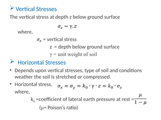  Vertical Stresses
The vertical stress at depth z below ground surface
where,
= vertical stress
z = depth below ground surface
γ = unit weight of soil
 Horizontal Stresses
• Depends upon vertical stresses, type of soil and conditions
weather the soil is stretched or compressed.
• Horizontal stress,
where,
k0 =coefficient of lateral earth pressure at rest =
(μ= Poison’s ratio)
 