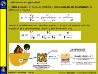 El Índice de vacíos, en ciencia de materiales, está relacionada con la porosidad y se
define con la relación:
donde: e es índice de vacíos , φ es la porosidad, la VV es el volumen del vacío del
espacio, VS es el volumen de los sólidos, y VT es el volumen total.
Índice de vacíos y porosidad
Geotecnia I (2022/2023) – Docente: Dr. Lorenzo Borselli
Versión 2.4 Last update 12-08-2022
 