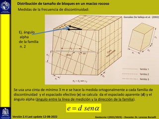 Distribución de tamaño de bloques en un macizo rocoso
Medidas de la frecuencia de discontinuidad:
Se usa una cinta de mínimo 3 m e se hace la medida ortogonalmente a cada familia de
discontinuidad y el espaciado efectivo (e) se calcula da el espaciado aparente (d) y el
ángulo alpha (ángulo entre la línea de medición y la dirección de la familia).

sen
d
e =
Ej. ángulo
alpha
de la familia
n. 2
Geotecnia I (2022/2023) – Docente: Dr. Lorenzo Borselli
Versión 2.4 Last update 12-08-2022
González De Vallejo et al. (2002)
 