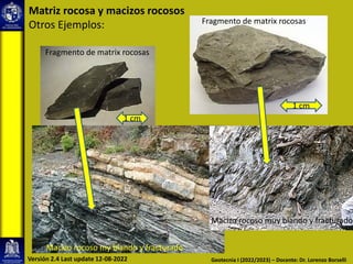 Matriz rocosa y macizos rocosos
Otros Ejemplos:
Geotecnia I (2022/2023) – Docente: Dr. Lorenzo Borselli
Versión 2.4 Last update 12-08-2022
Fragmento de matrix rocosas
Fragmento de matrix rocosas
Macizo rocoso muy blando y fracturado
Macizo rocoso my blando y fracturado
1 cm
1 cm
 