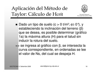 akeim@gioia.ing.unlp.edu.arGEOTECNIA II, Setiembre 2008 18
Aplicación del Método de
Taylor: Cálculo de Hcrít
Dado un tipo de suelo (c > 0 t/m²; φ≥ 0°), y
estableciendo la inclinación del terreno (β)
que se desea, es posible determinar (gráfico
1a) la máxima altura (H) para el talud sin
inducir la rotura del suelo.
=> se ingresa al gráfico con β, se intersecta la
curva correspondiente, en ordenadas se lee
el valor de Ns, del cual se despeja H.
 