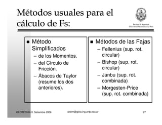 akeim@gioia.ing.unlp.edu.arGEOTECNIA II, Setiembre 2008 27
Métodos usuales para el
cálculo de Fs:
Métodos usuales para el
cálculo de Fs:
Método
Simplificados
– de los Momentos.
– del Círculo de
Fricción.
– Ábacos de Taylor
(resume los dos
anteriores).
Métodos de las Fajas
– Fellenius (sup. rot.
circular)
– Bishop (sup. rot.
circular)
– Janbu (sup. rot.
combinada)
– Morgesten-Price
(sup. rot. combinada)
 