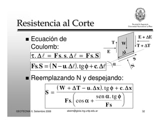 akeim@gioia.ing.unlp.edu.arGEOTECNIA II, Setiembre 2008 32
Resistencia al CorteResistencia al Corte
Ecuación de
Coulomb:
E + ∆∆∆∆E
αααα
E
T W T + ∆∆∆∆T
N
S
∆∆∆∆l
Reemplazando N y despejando:
( )
S
W T u x c x
Fs
Fs
=
+ − +
+






∆∆∆∆ ∆∆∆∆ ∆∆∆∆. . tg .
. cos
sen . tg
φφφφ
αααα
αααα φφφφ
ττττ. . . .∆∆∆∆ ∆∆∆∆l l= =Fs s Fs S
( )Fs S N u c. . .tg .= − +∆∆∆∆ ∆∆∆∆l lφφφφ
 