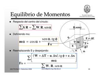 akeim@gioia.ing.unlp.edu.arGEOTECNIA II, Setiembre 2008 33
Equilibrio de MomentosEquilibrio de Momentos
Respecto del centro del círculo:
N
αααα
E
T W
E + ∆∆∆∆E
T +
∆∆∆∆TS
R
R.senαααα
Reemplazando S y despejando:
S R W R. . .sen= ∑∑ αααα
m
Fs
αααα αααα
αααα φφφφ
= +cos
sen . tg
( )
Fs
W T u x c x
m
W R
=
+ − +




∑
∑
∆∆∆∆ ∆∆∆∆ ∆∆∆∆. . tg .
. . sen
φφφφ
αααα
αααα
Definiendo mα:
 