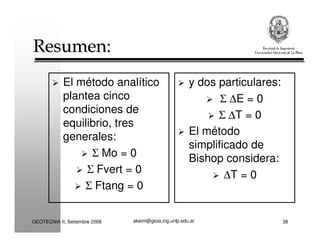 akeim@gioia.ing.unlp.edu.arGEOTECNIA II, Setiembre 2008 38
Resumen:Resumen:
El método analítico
plantea cinco
condiciones de
equilibrio, tres
generales:
Σ Mo = 0
Σ Fvert = 0
Σ Ftang = 0
y dos particulares:
Σ ∆E = 0
Σ ∆T = 0
El método
simplificado de
Bishop considera:
∆T = 0
 