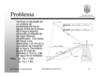 akeim@gioia.ing.unlp.edu.arGEOTECNIA II, Setiembre 2008 40
ProblemaProblema
Verificar el resultado de
un análisis de
estabilidad del talud
aguas arriba de la presa
de la figura adjunta,
utilizando el método de
las fajas (Bishop
simplificado). Los datos
del talud y sus
materiales, y el círculo a
considerar se muestran
en la figura. Considerar
a) con el nivel de
embalse a 13.4 m, y b)
sin agua en el embalse.
Rtas: a) Fs = 1.80,
b) Fs = 1.93.
ENROCADO : γ sat= 2.10 t/m3 ; c = 0 t/m2 ; φ=
35°
ESPALDÓN : γ sat= 1.90 t/m3 ; c = 0 t/m2 ; φ=
36°
 