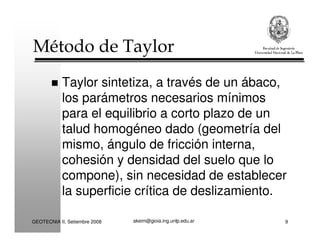 akeim@gioia.ing.unlp.edu.arGEOTECNIA II, Setiembre 2008 9
Método de Taylor
Taylor sintetiza, a través de un ábaco,
los parámetros necesarios mínimos
para el equilibrio a corto plazo de un
talud homogéneo dado (geometría del
mismo, ángulo de fricción interna,
cohesión y densidad del suelo que lo
compone), sin necesidad de establecer
la superficie crítica de deslizamiento.
 