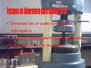  Densidad de un suelo con balanza
hidrostática
 Densidad relativa partículas de un suelo
 Compresión simple de suelos
 Corte directo
 