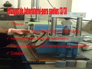  Triaxial
 Presión de hinchamiento en edómetro
 Hinchamiento libre en edómetro
 Consolidación unidimensional en edómetro
 Colapso
 