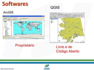 Softwares
ArcGIS
QGIS
Proprietário Livre e de
Código Aberto
Slide: Karine Ferreira
 