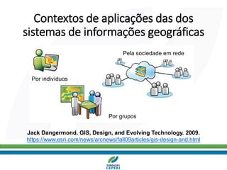 Contextos de aplicações das dos
sistemas de informações geográficas
Jack Dangermond. GIS, Design, and Evolving Technology. 2009.
https://www.esri.com/news/arcnews/fall09articles/gis-design-and.html
Por indivíduos
Por grupos
Pela sociedade em rede
 