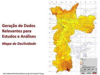 Geração de Dados
Relevantes para
Estudos e Análises
Mapa de Declividade
http://atlasambiental.prefeitura.sp.gov.br/mapas/119.jpg
 