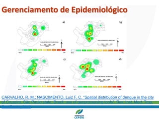 CARVALHO, R. M.; NASCIMENTO, Luiz F. C. “Spatial distribution of dengue in the city
of Cruzeiro, São Paulo state, Brazil: use of geoprocessing tools”. Rev. Inst. Med. Trop.
Sao Paulo, 2012.
Gerenciamento de Epidemiológico
 