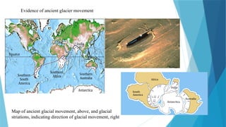 Map of ancient glacial movement, above, and glacial
striations, indicating direction of glacial movement, right
Evidence of ancient glacier movement
 